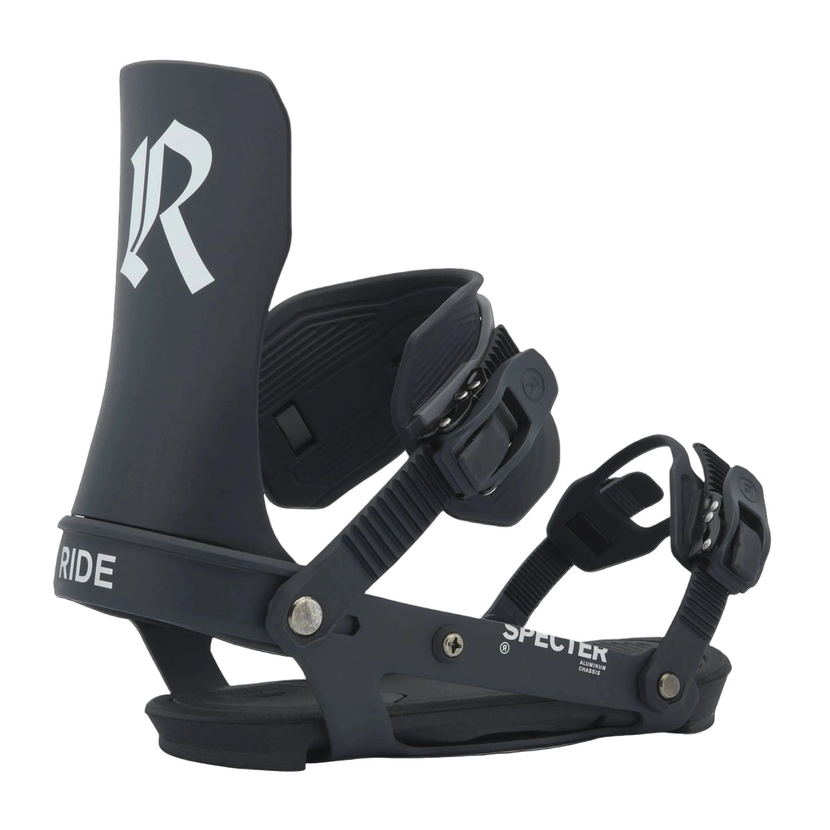 Black snowboard binding with 'Ride' branding on a light gray background