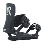 Black snowboard binding with 'Ride' branding on a light gray background